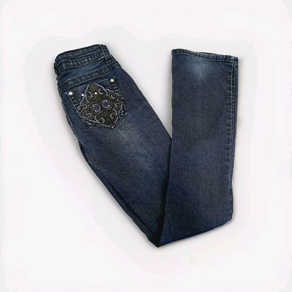 Y2k Vtg Almost Famous Dark Denim Boot Cut Flare Low Rise Jeans XS 1 Embellished - Picture 7 of 13